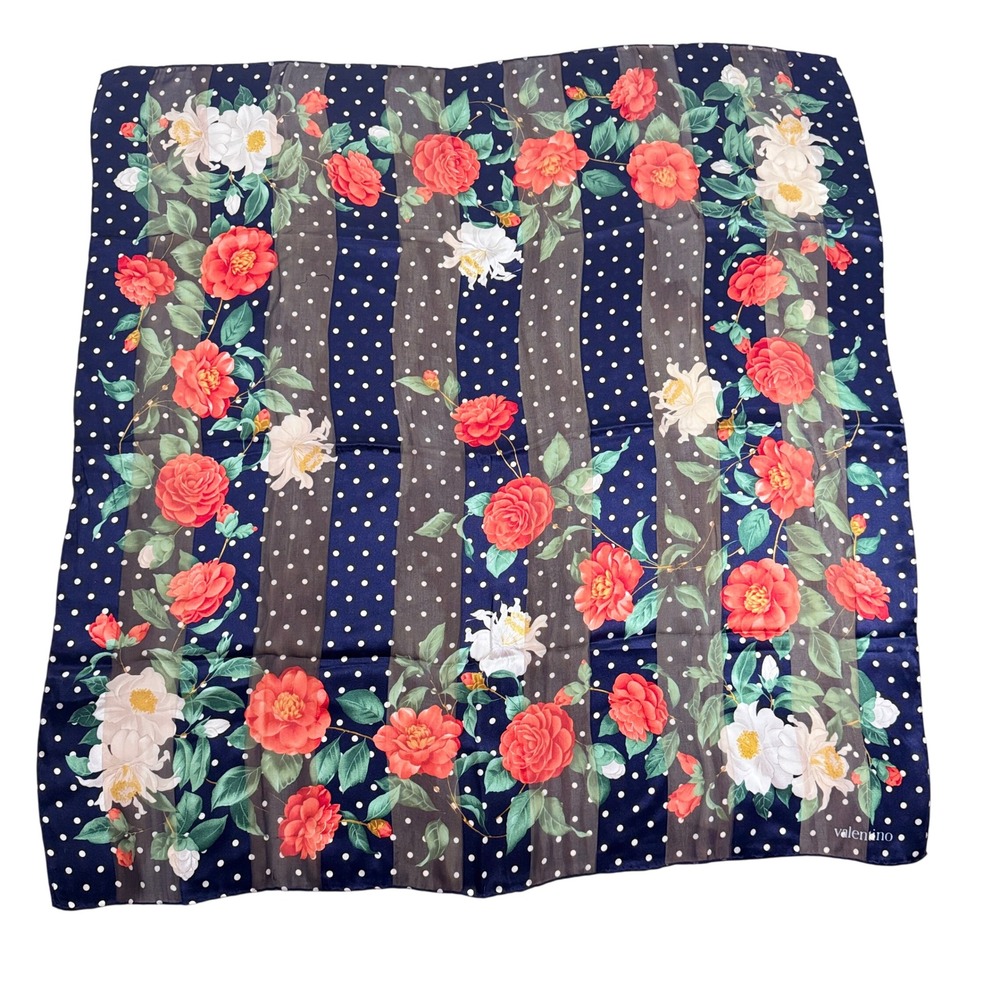 Vintage Valentino Women's Navy Floral Polka Dot Silk Square Scarf 34"